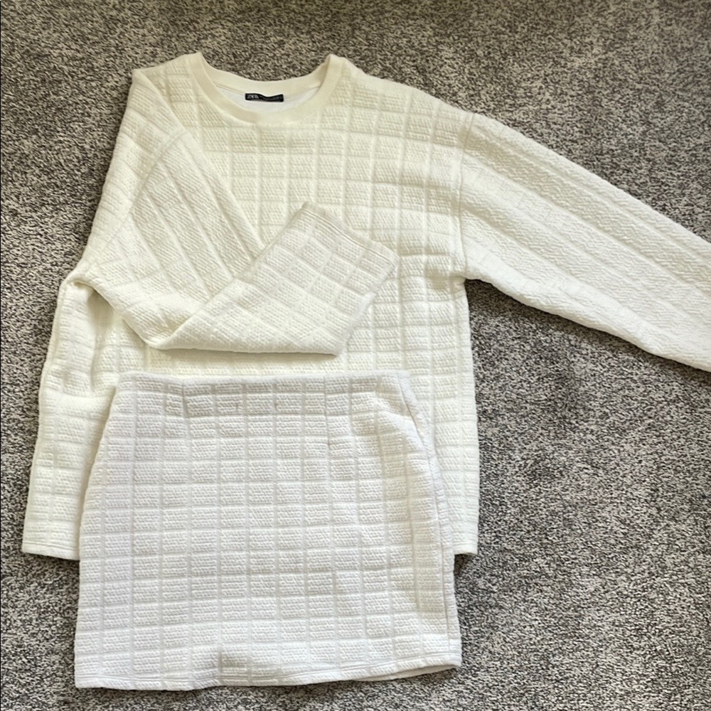 Zara White Textured Sweater and Skirt Set